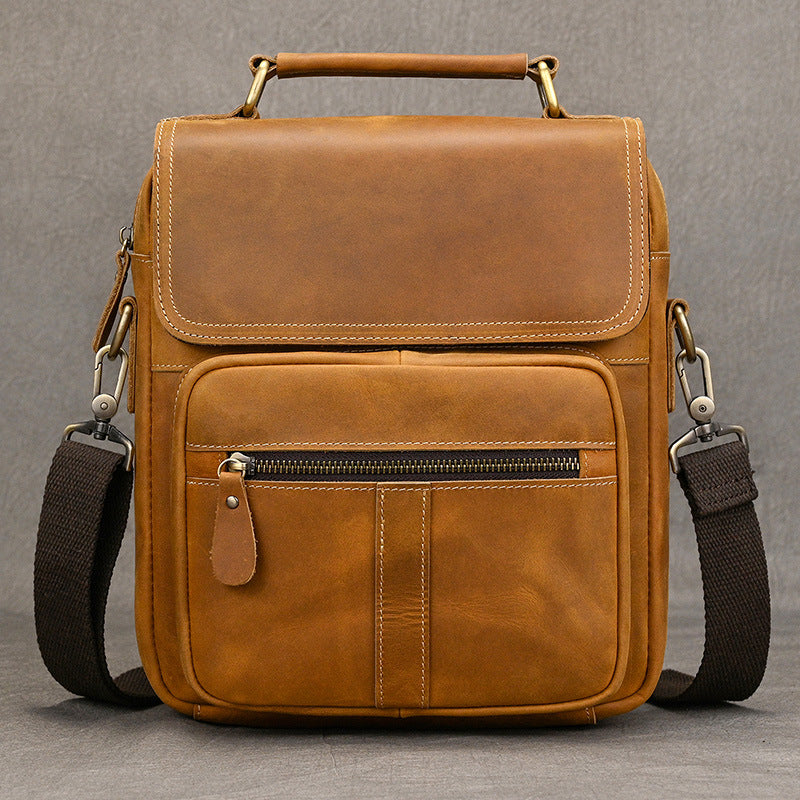 Crazy Horse Leather Vertical Crossbody Shoulder Bag, Top Layer Cowhide Outdoor Pouch with Top Handle for Men