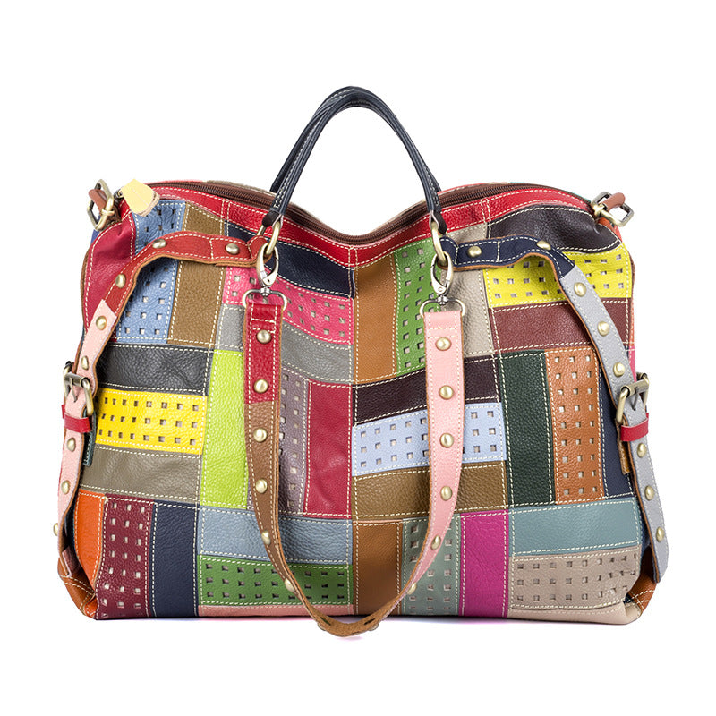 Genuine Top Layer Cowhide Color Block Studded Tote Bag for Women, Vintage Versatile Shoulder Crossbody Top Handle Purse, Trendy Casual Handbag for Ladies
