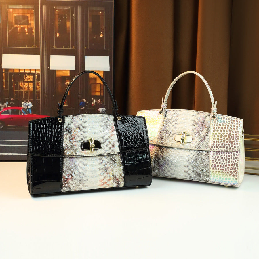 Snakeskin Gradient Boston Bag for Women Light Luxury Shoulder Crossbody Handbag, Color-Block Purse with Exotic Textured Finish