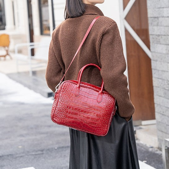 Genuine Leather Crocodile-Embossed Boston Bag for Women, New Stylish Large Capacity Commute Top Handle Crossbody Purse, Versatile Handbag for Ladies