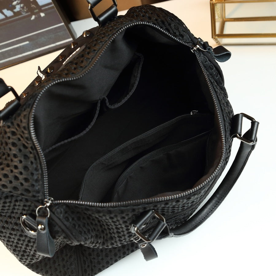 Mesh Studded Letter Print Pillow Bag for Women Chain Shoulder Crossbody Handbag, Edgy Cool Purse with Embellished Hardware