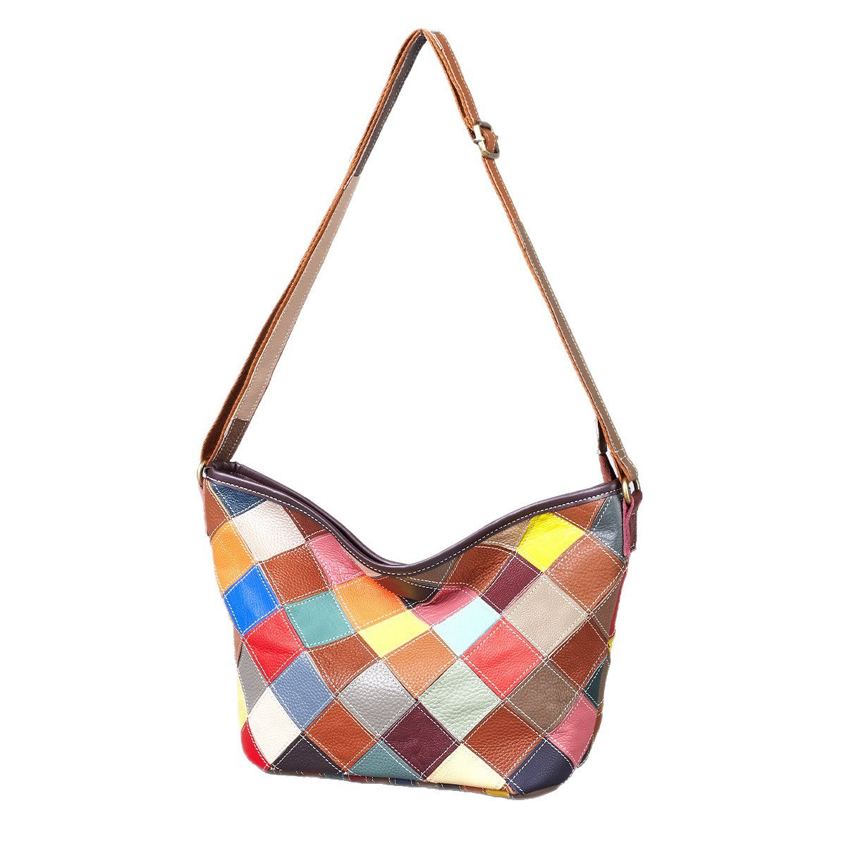Premium Handcrafted Plaid Color-Block Genuine Leather Bag for Women | Large-Capacity Cowhide Cross-Body Shoulder Purse with Unique Artistic Design | Versatile Everyday Handbag for Work, Errands & Travel | Trendy Statement Accessory with Bohemian Flai