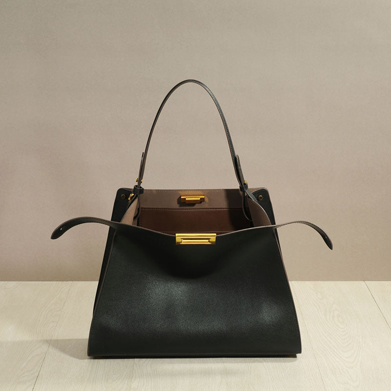 Premium Calfskin Leather Peekaboo Style Large Shoulder Tote Crossbody Handbag for Women, Top Handle Underarm Bag with X-Lite Design