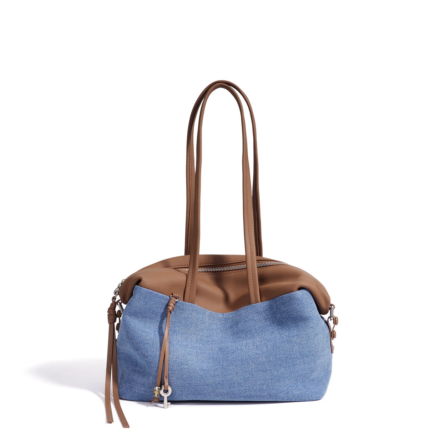 Genuine Cowhide Denim Patchwork Tote Bag for Women, New Spring Summer Vintage Large Capacity Shoulder Underarm Top Handle Handbag, Versatile Commute Purse for Ladies