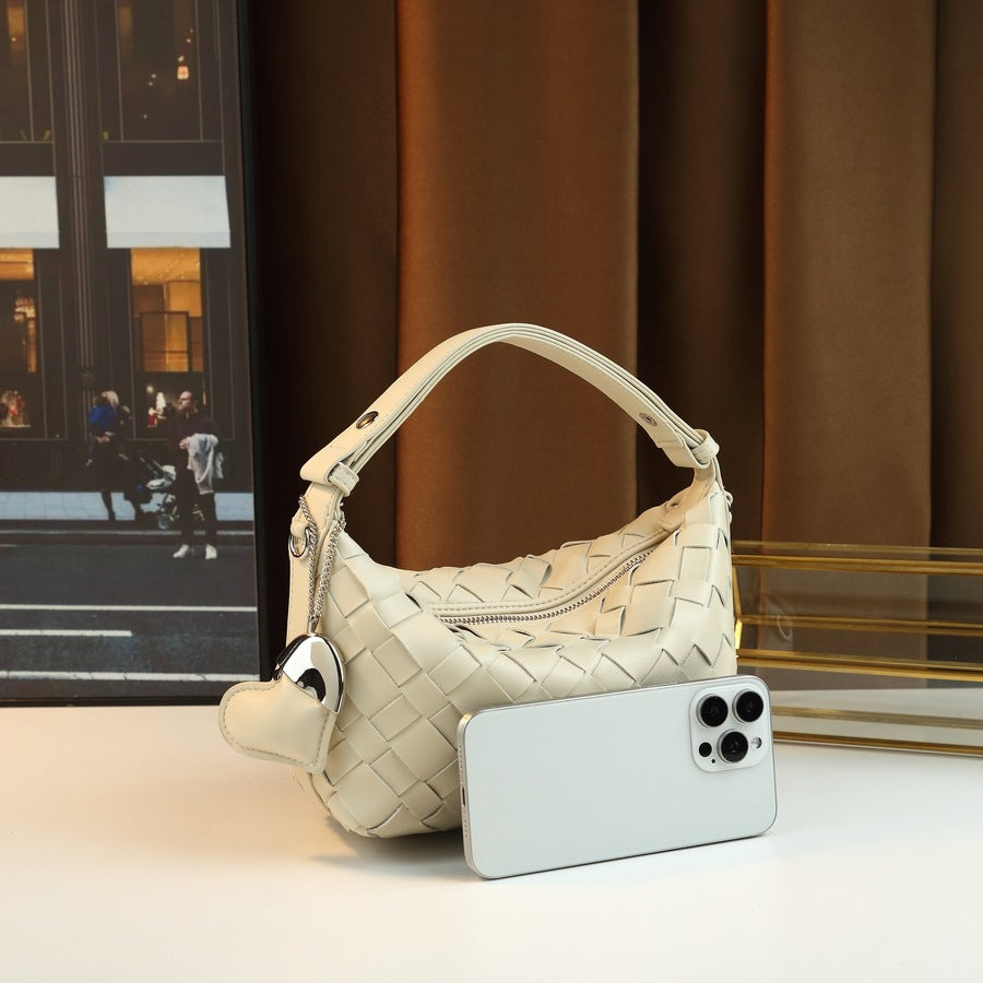 Genuine Leather Woven Bento Bag for Women Lunch Box Shoulder Underarm Handbag, Quilted Picnic Style Purse with Artisan Texture