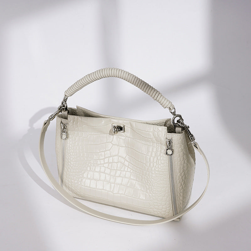 New Arrival Croc-Effect Genuine Leather Bucket Bag for Women, A Minimalist Light Luxury Top-Handle Shoulder Handbag with Large Capacity & Versatile Everyday Design