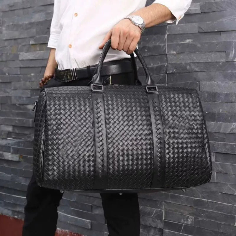 Genuine Leather Woven Travel Tote Bag for Men and Women Large Capacity Shoulder Crossbody Handbag, Versatile Shopping Purse with Artisan Texture