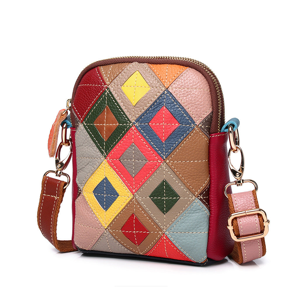 Genuine Top Layer Cowhide Colorful Patchwork Shell Bag for Women, Fashionable Fresh Sweet Casual Ethnic Shoulder Small Purse, Trendy Handbag for Ladies