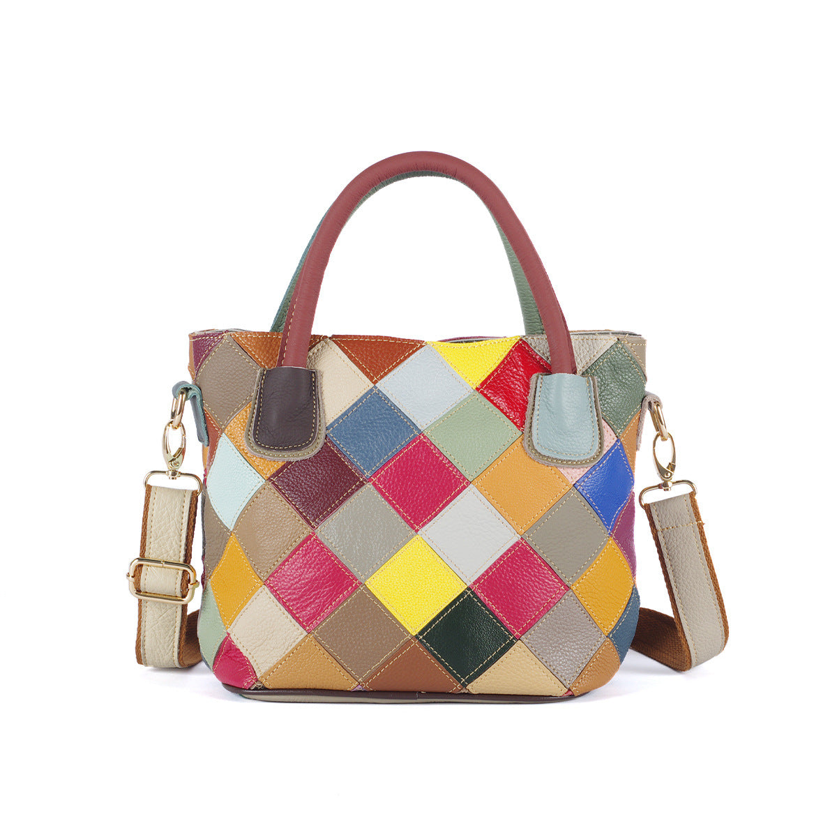 Genuine Leather Colorful Plaid Patchwork Handbag for Women, Ethnic Casual Shoulder Crossbody Top Handle Purse, Color Block Designer Bag for Ladies
