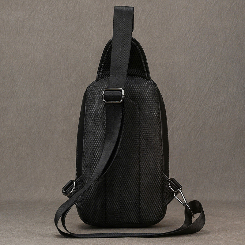 Black Genuine Leather Large Capacity Chest Bag, Crossbody Shoulder Backpack Fits iPad, Casual Work Commute Bag for Men