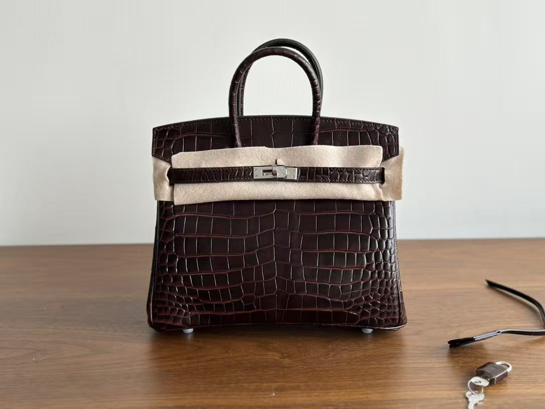 Genuine Leather Tote Bag for Women, Hermès-Inspired Birkin-Style Handbag with Crocodile-Embossed Finish, Top-Grain Cowhide Leather, Hand-Stitched Craftsmanship, Available in 25cm and 30cm, Luxury Everyday Carry Purse