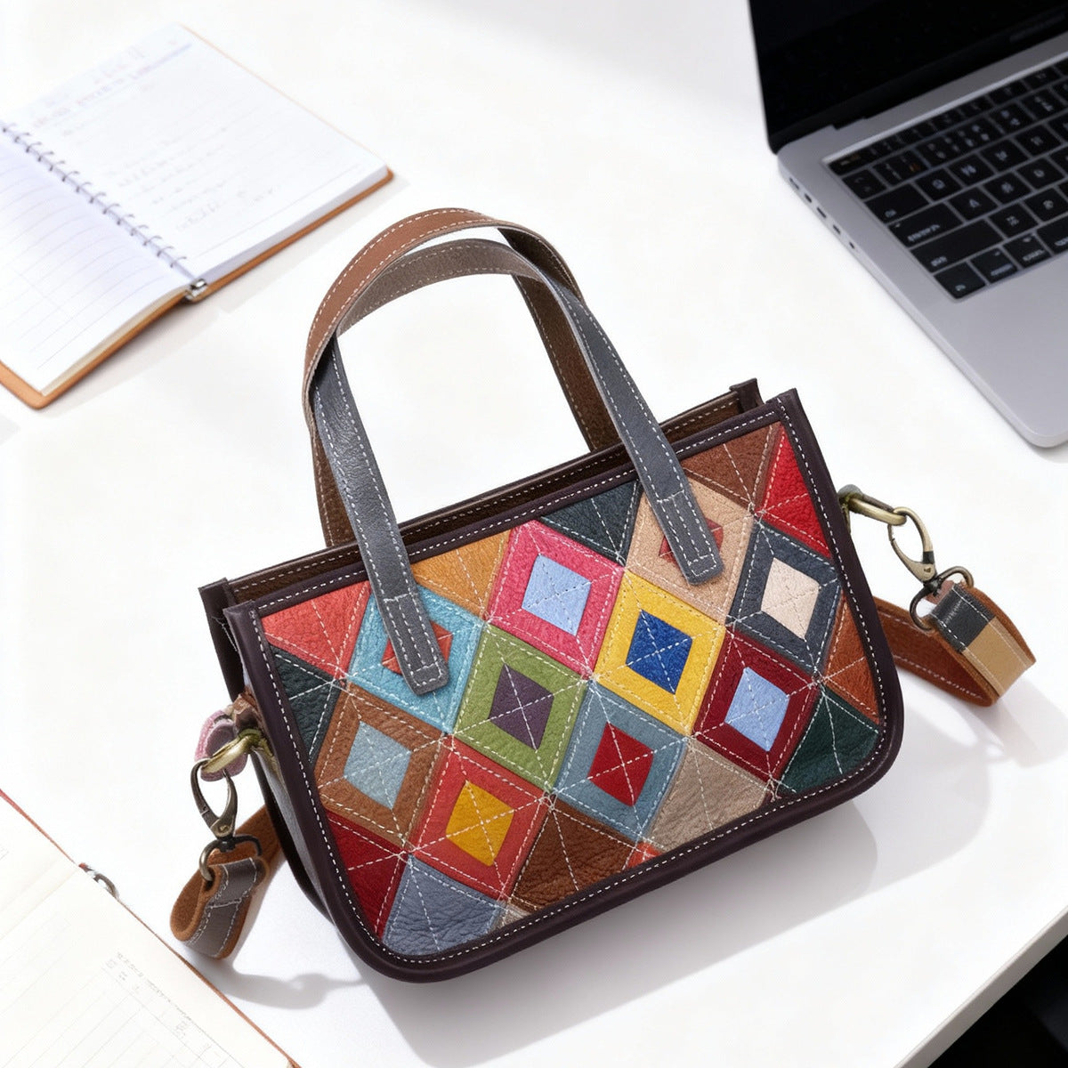 Premium Colorful Quilted Genuine Leather Shoulder Bag for Women | New Fashionable Cowhide Top-Handle Handbag with Artistic Diamond Stitching | Versatile Everyday Purse for Work, Errands & Chic Style