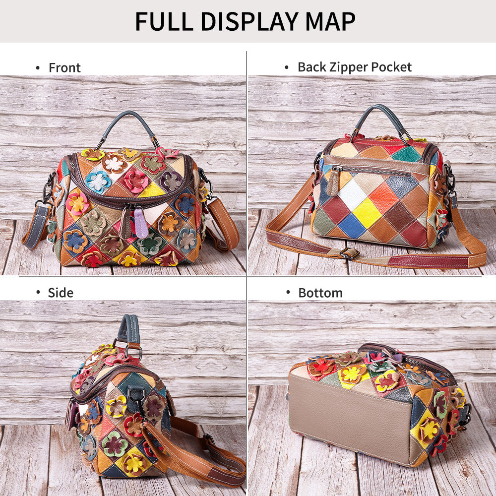 Genuine Top Layer Cowhide Handmade Floral Color Block Patchwork Handbag for Women, New Arrival Top Handle Shoulder Purse, Casual Travel Small Bag for Ladies