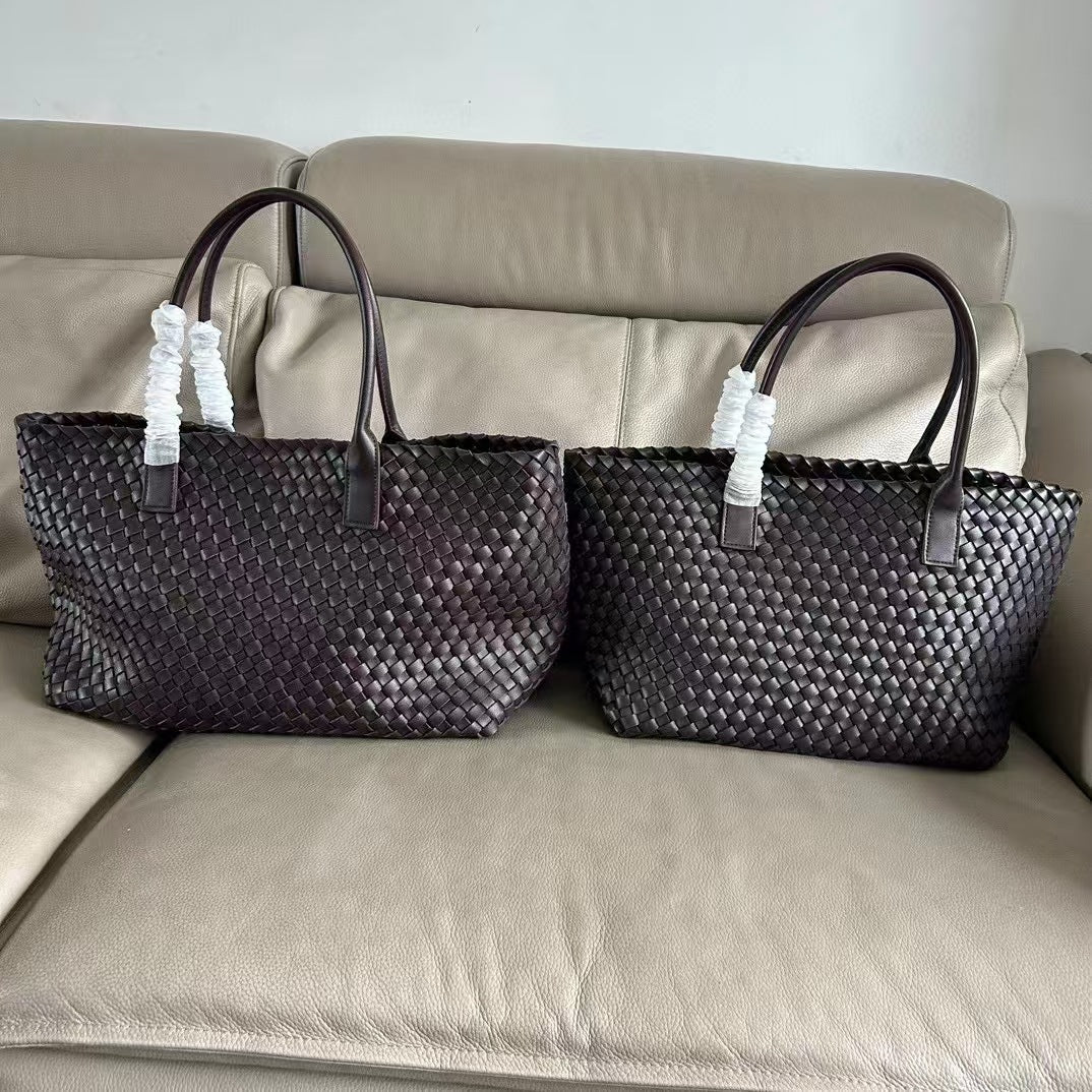 Premium Genuine Leather Woven Basket Tote Bag for Women | New Large-Capacity 2-in-1 Tote with Detachable Matching Pouch | Niche Designer Shoulder Handbag with Unique Artisan Woven Detail | Trendy Spacious Carryall for Work, Errands, Travel & Everyday
