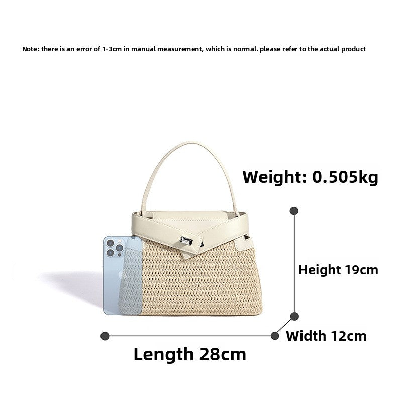 Resort Style Straw Woven Leather Patchwork Bag, Niche Design Shoulder Crossbody Top Handle Purse, Premium Handbag for Women