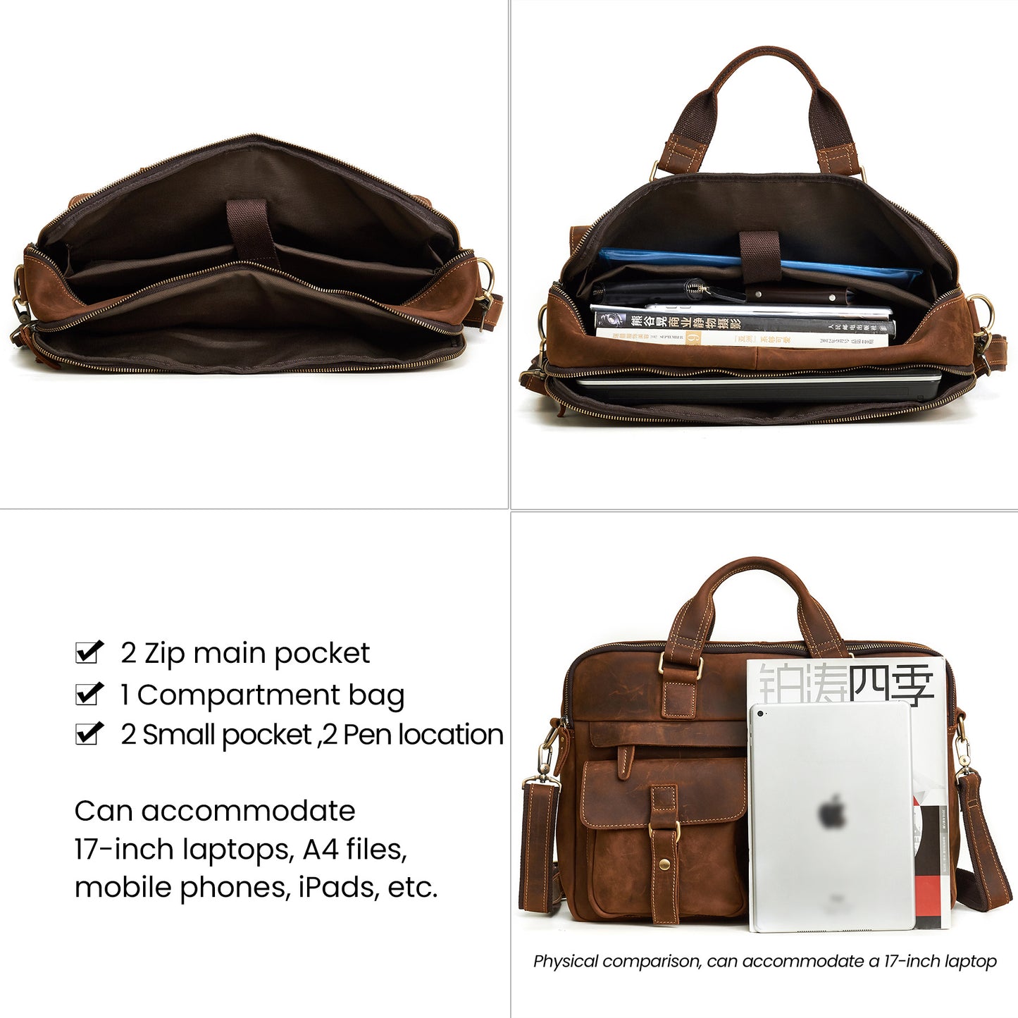 Genuine Crazy Horse Leather Briefcase for Men, Business Commute Top Handle Bag, Multifunctional Laptop Computer Work Bag for Office