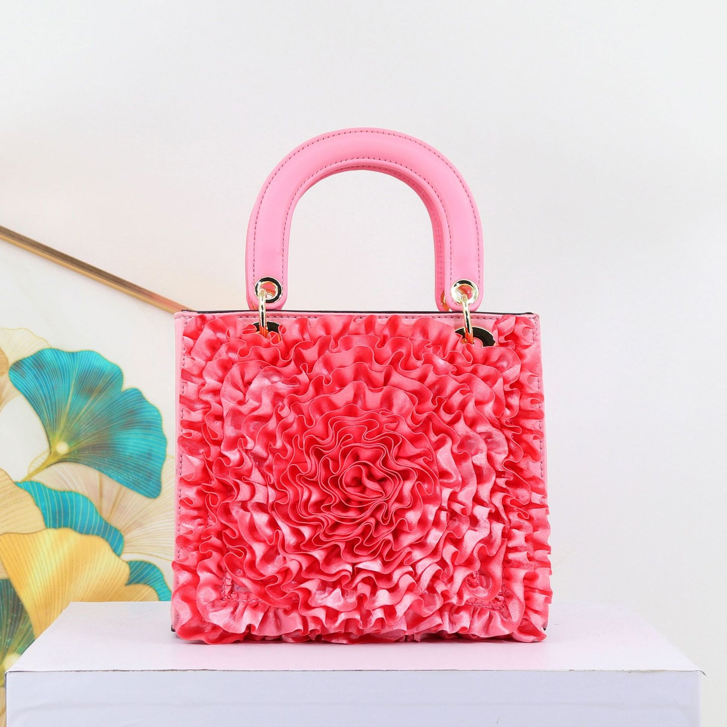 Premium Satin Ruffle Flower Diana-Style Handbag for Women, Exquisite Southeast Asian Designer Bag, High-Quality Ladies Shoulder Purse