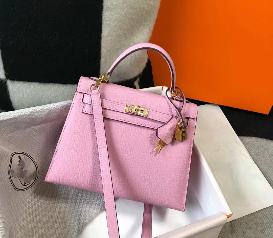 Genuine Epsom Calfskin Leather Kelly-Style 25/28 Top Handle Bag for Women, Premium Commute Handbag with Chic Fashionable Design for Ladies