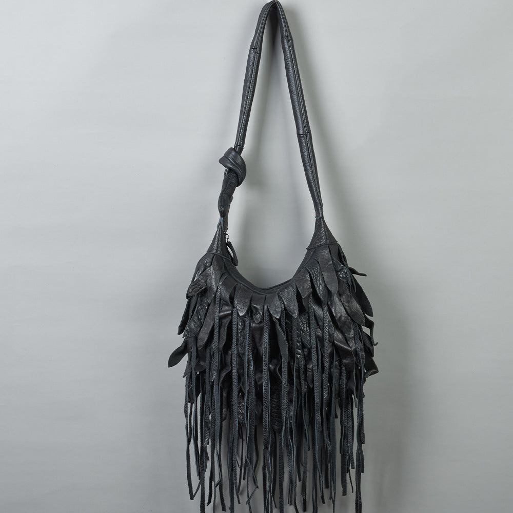 Genuine Leather Black Striped Fringe Hobo Handbag for Women, Soft Slouchy Bohemian Shoulder Purse, Casual Trendy Bag for Ladies