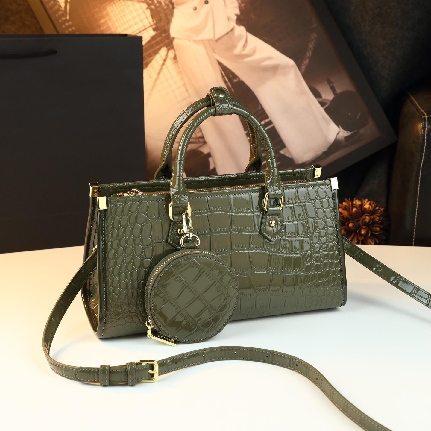 New Arrival Glossy Croc-Effect Light Luxury Handbag for Women, A Versatile Commuter Shoulder Crossbody Bag with Genuine Leather & Stylish Design