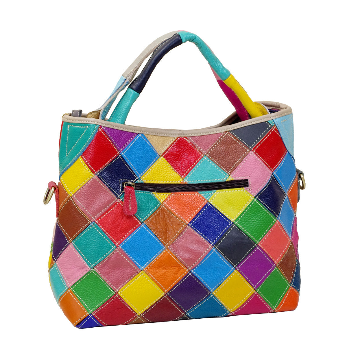 Premium Top-Layer Cowhide Leather Quilted Tote for Women | Ethnic-Inspired Color-Block Handbag with Unique Artistic Flair | Versatile Shoulder Top-Handle Bag with Trendy Bohemian Style | Statement Everyday Carryall with Vibrant Contrast Stitching & S
