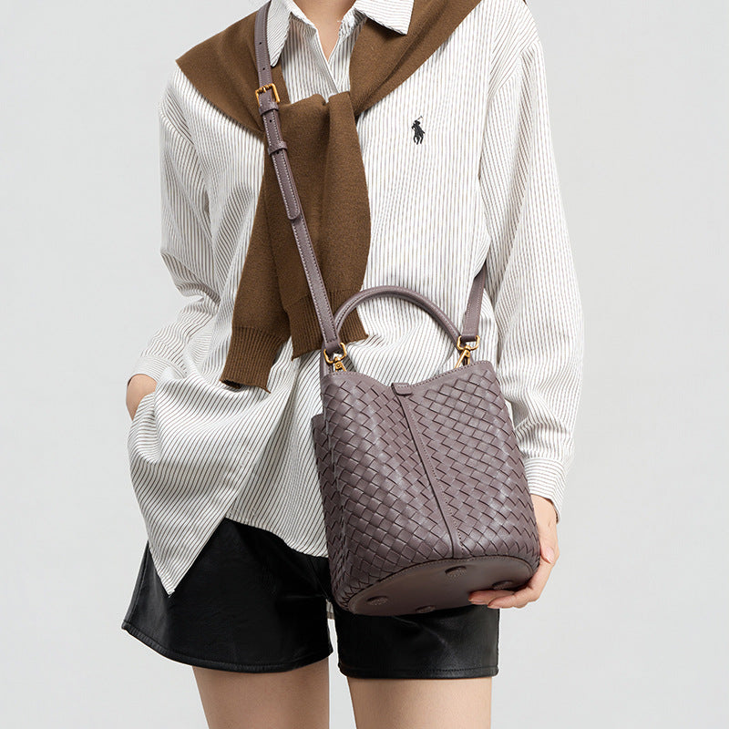 Handwoven Solid Color Mother-Child Bucket Bag, Trendy Casual Shoulder Crossbody Purse, Versatile Handbag for Women