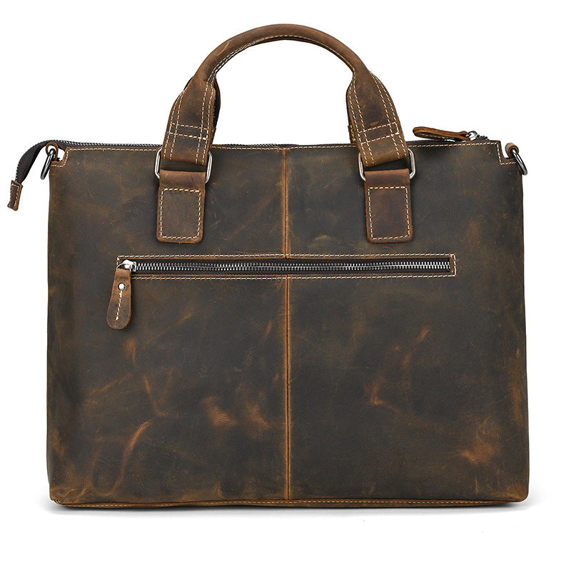 Genuine Crazy Horse Leather Business Briefcase for Men, Casual Crossbody Shoulder Top Handle Bag, Multifunctional Laptop Work Bag for Gentlemen