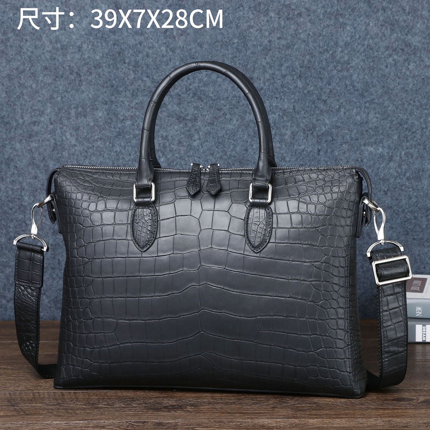 New Arrival Matte Black Croc-Effect Business Briefcase for Men, A Shoulder Crossbody Travel Bag with Laptop Compartment & Trendy Design