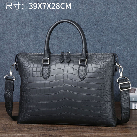 New Arrival Matte Black Croc-Effect Business Briefcase for Men, A Shoulder Crossbody Travel Bag with Laptop Compartment & Trendy Design