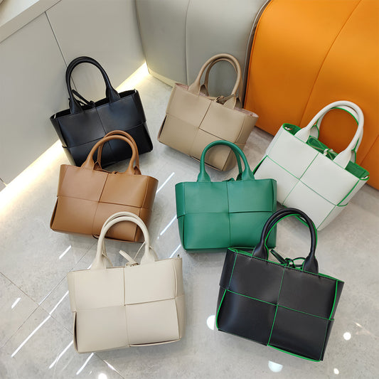 New Genuine Leather Woven Tote Bag for Women, Small Cowhide Shoulder Handbag, Fashion Crossbody Purse with 4-Compartment Design