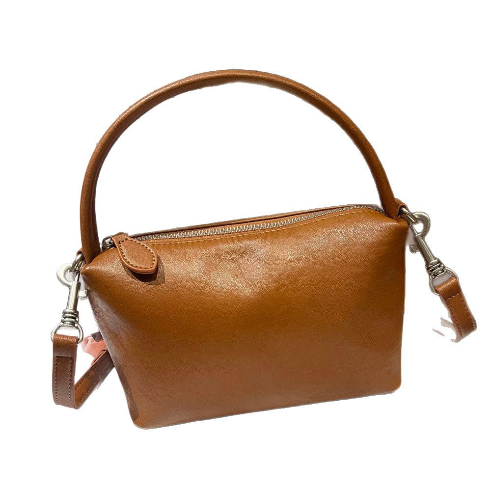 Genuine Top Layer Vegetable-Tanned Cowhide Boston Pillow Bag for Women, New Vintage Top Handle Crossbody Purse, Premium Leather Handbag for Ladies