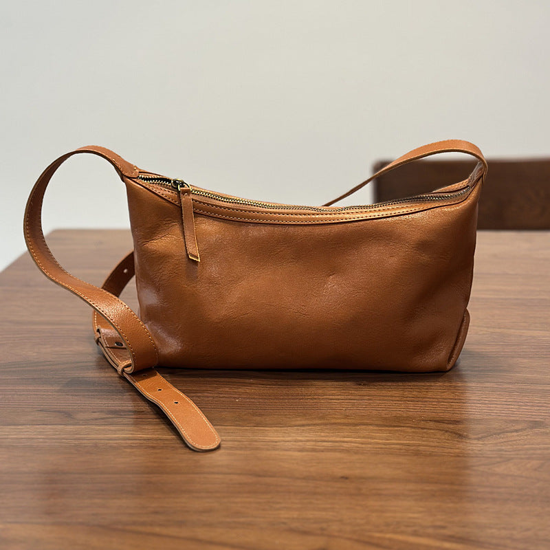 Vegetable-Tanned Soft Cowhide Crossbody Bag for Women, Vintage Pleated Shoulder Purse, Casual Small Leather Handbag for Ladies