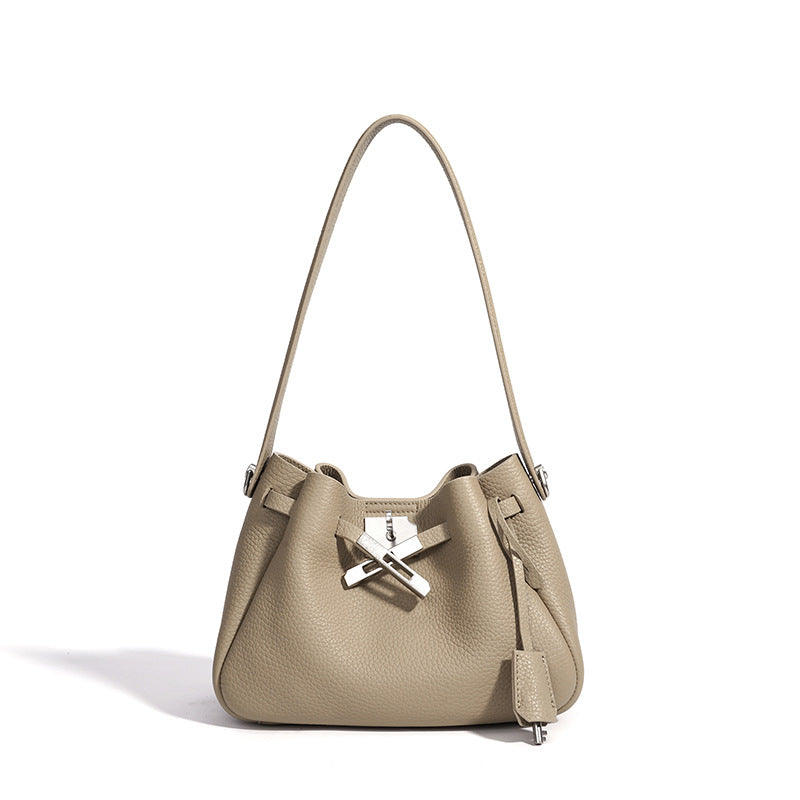 Genuine Pebbled Soft Leather Bucket Bag for Women, Relaxed Versatile Underarm Shoulder Crossbody Purse, Spring Summer Premium Niche Handbag for Ladies