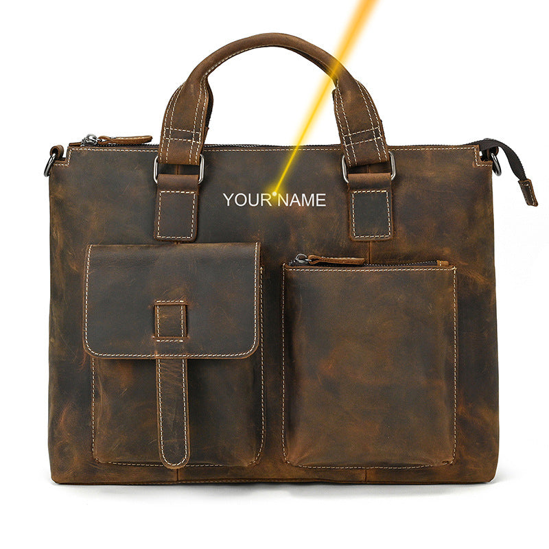 Genuine Crazy Horse Leather Business Briefcase for Men, Casual Crossbody Shoulder Top Handle Bag, Multifunctional Laptop Work Bag for Gentlemen