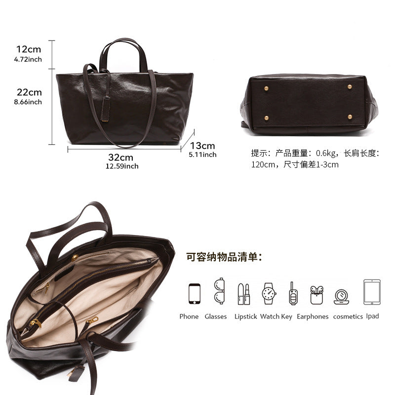 French Vintage Genuine Leather Tote Bag for Women Commuter Shoulder Handbag, Trendy Versatile Purse with Timeless Parisian Elegance