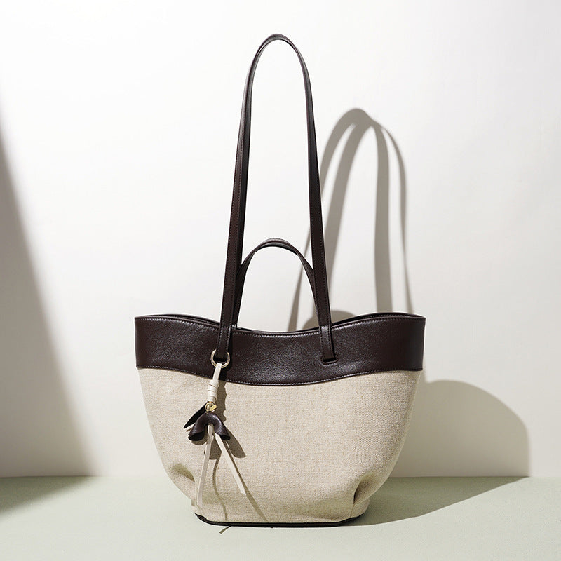 New Large Capacity Basket Bag in Linen & Cowhide, Casual Commute Shoulder Tote with Wing Top Handle, Premium Handbag for Women