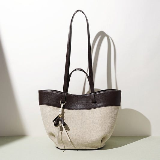 New Large Capacity Basket Bag in Linen & Cowhide, Casual Commute Shoulder Tote with Wing Top Handle, Premium Handbag for Women