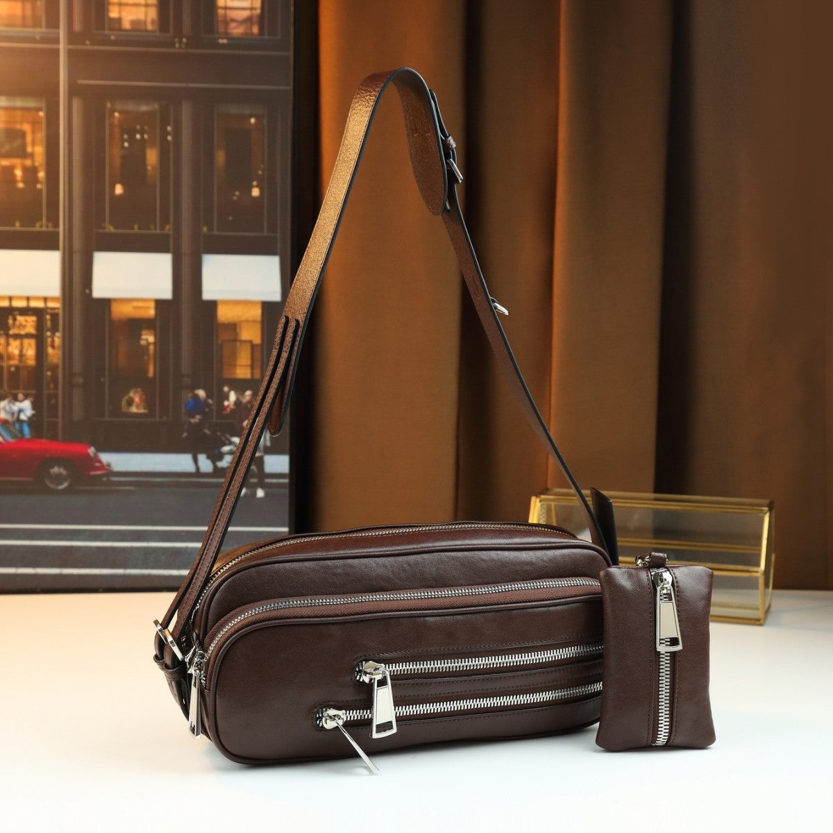 Top Layer Cowhide Multi-Pocket Baguette Bag for Women Vintage Shoulder Crossbody Handbag, Casual Fall Purse with Detachable Sub-Bag