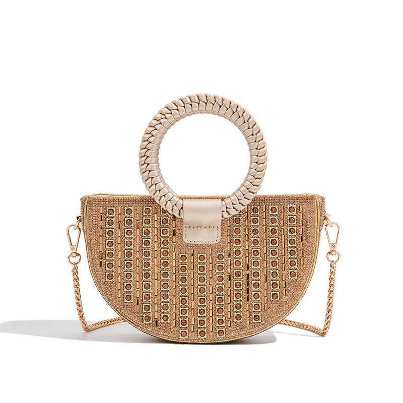 New Semi-Circle Rhinestone Top-Handle Bag for Women, Sparkly Crystal Shoulder Purse, Light Luxury Evening Handbag for Parties & Banquets