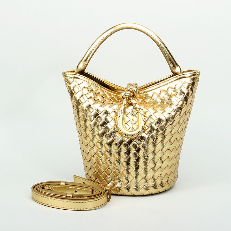 Genuine Cowhide Handwoven Bucket Bag with U-Buckle, New Vintage Shoulder Crossbody Top Handle Purse, Premium Handwoven Handbag for Ladies