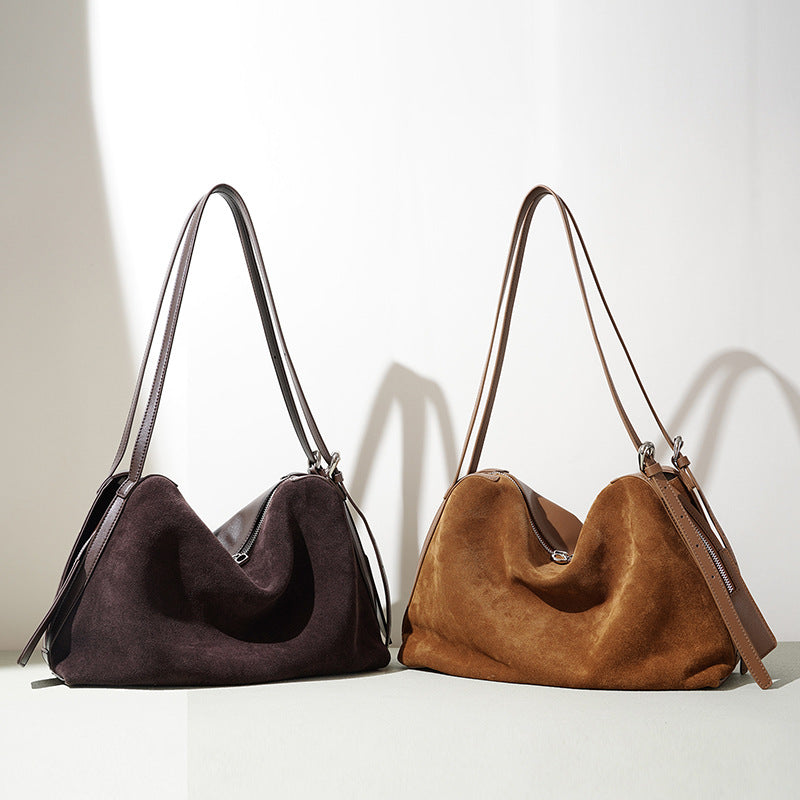 Genuine Matte Suede Leather Boston Tote Bag for Women, New Vintage Large Capacity Shoulder Top Handle Purse, Fashionable Versatile Everyday Handbag for Ladies