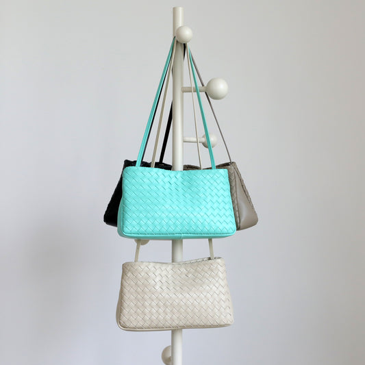Sheepskin Woven Mini Square Bag for Women Double Strap Shoulder Crossbody Handbag, Premium Genuine Leather Purse with Artisan Texture