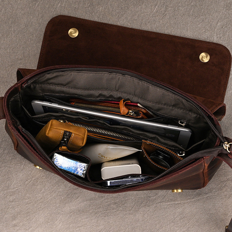 Crazy Horse Leather Flap Commute Briefcase, A4 Storage Crossbody Shoulder Bag, 13-Inch Work Bag for Men
