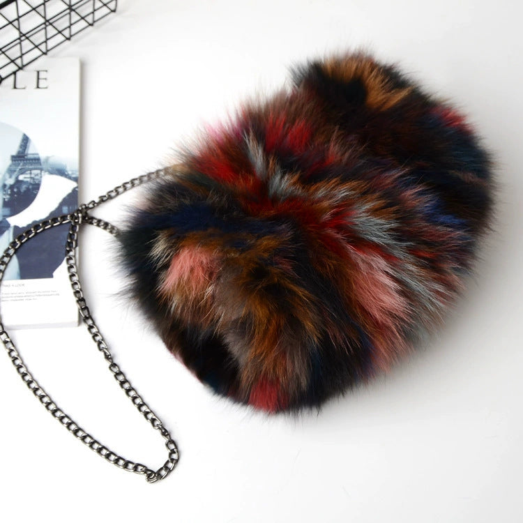 Women's New Fox Fur Chain Bag, Solid Color Shoulder Crossbody Purse with Chain Strap, Trendy Faux Fur Handbag with Fluffy Texture