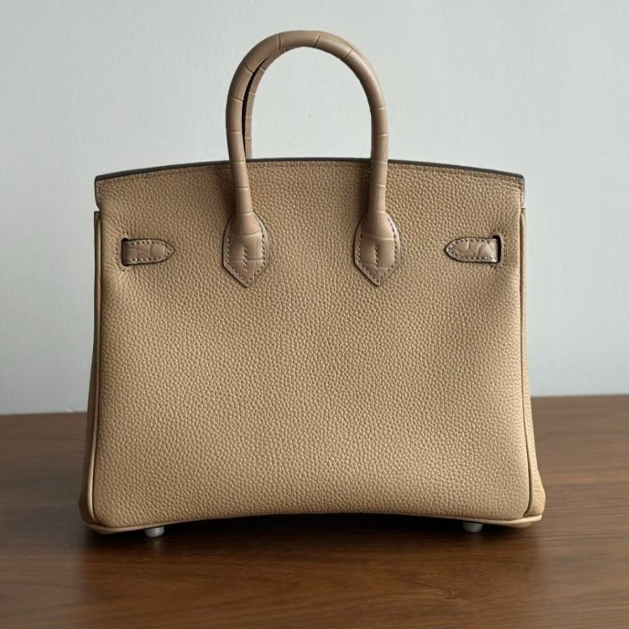 Women's Togo Leather Birkin-Style Tote Bag, Hermès-Inspired Crocodile-Embossed Top-Handle Handbag with Premium Top-Layer Cowhide, Luxe Spacious Satchel for Work & Travel, New Arrival