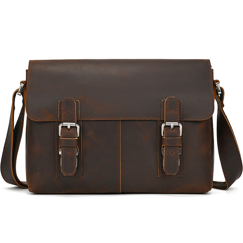 Genuine Top Layer Crazy Horse Cowhide 13-Inch Crossbody Bag for Men, Large Capacity Flap Laptop Briefcase, Casual Work Bag for Gentlemen