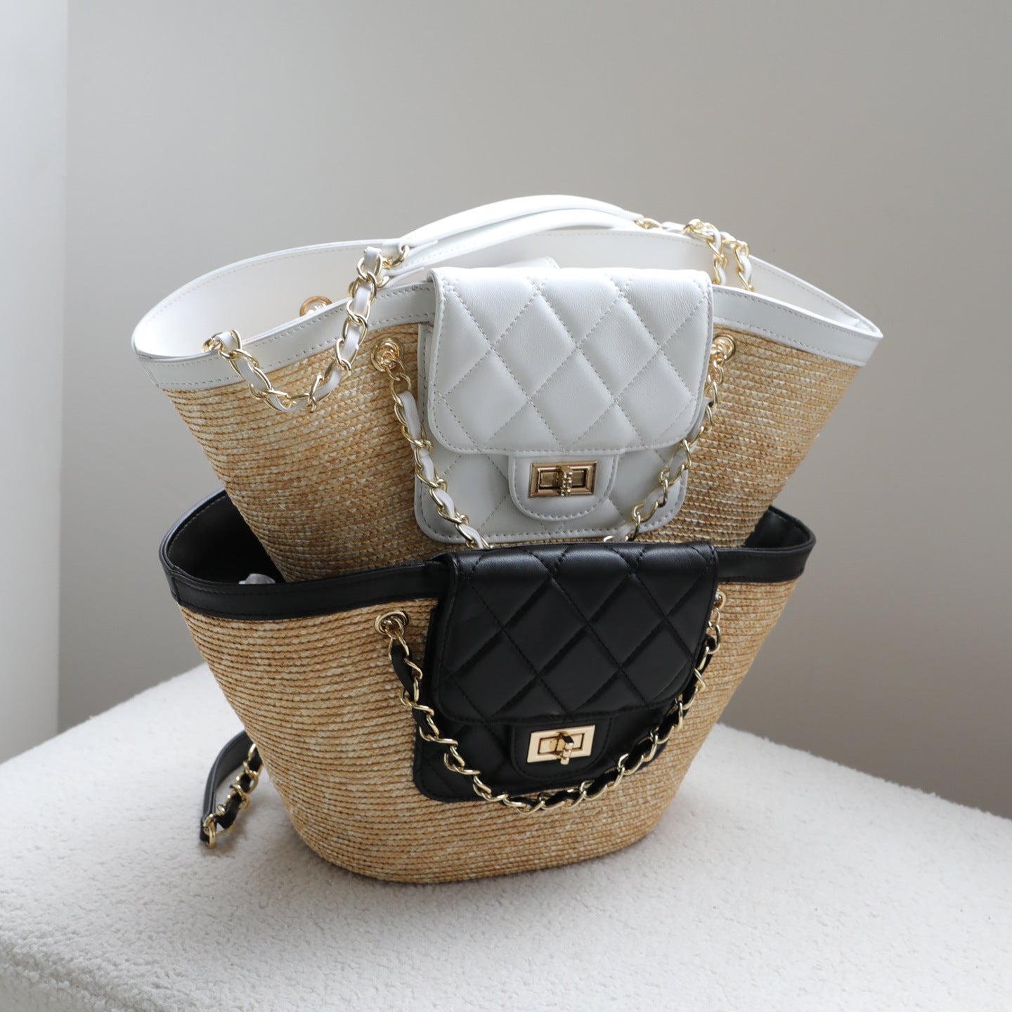 Straw Woven Sheepskin Basket Tote Bag for Women Large Capacity Shoulder Handbag, Casual Commuter Purse with Natural Woven Texture