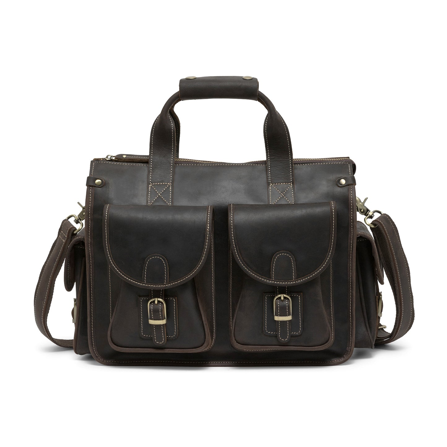 Genuine Crazy Horse Leather Briefcase for Men, Business Commute Top Handle Bag, Multifunctional Laptop Computer Work Bag for Office