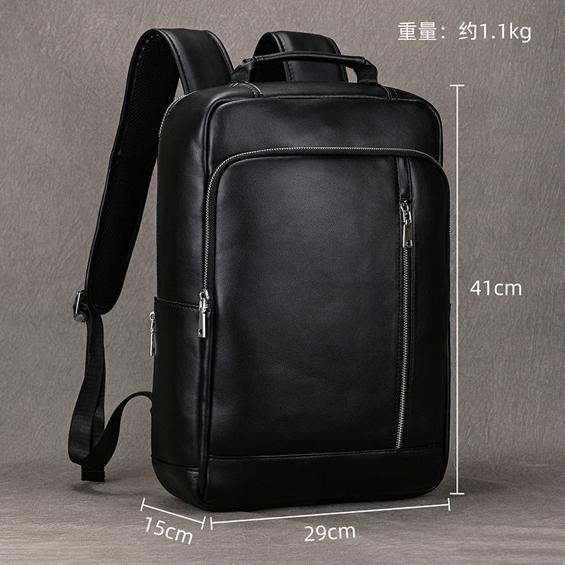 Black Genuine Leather 15-Inch Laptop Backpack with USB Port, Business Commute Daypack, Premium Cowhide School Travel Bag for Men