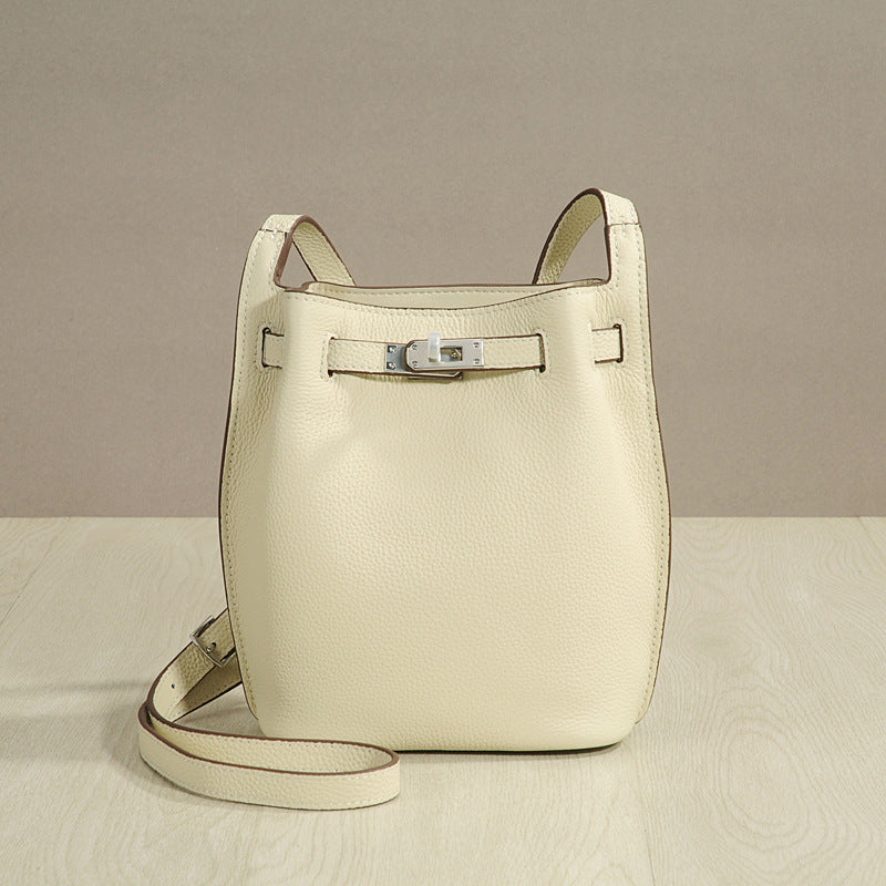 Genuine Top Layer Cowhide Kelly-Style Bucket Bag for Women, Casual Lock Buckle Crossbody Shoulder Purse, Versatile Everyday Handbag for Ladies